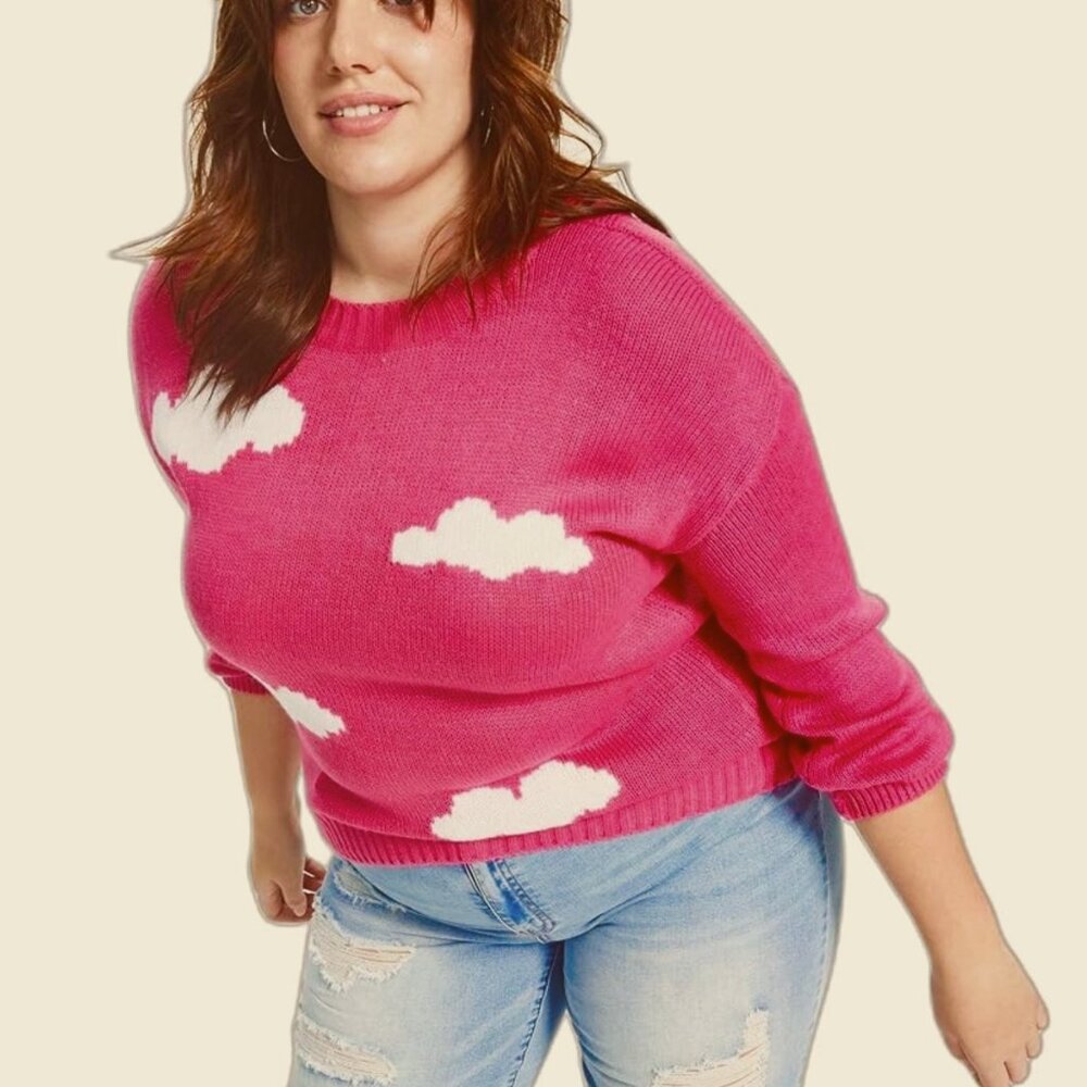 NEW! Made with Love By FCT Knit‎ Sweater Pink White Clouds Plus 1X Acrylic $49
